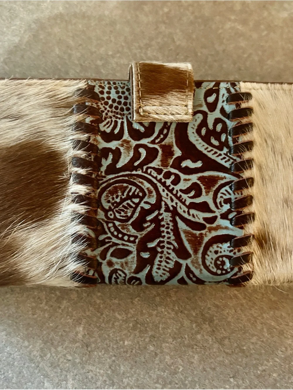 Myra Bag Turquoise Brown Hair-on-Hide Wallet with Tooled Leather